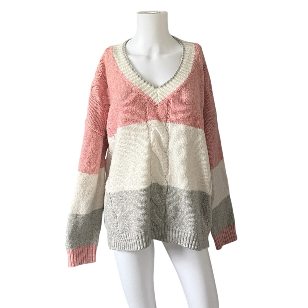 O and O Oversized Colorblock V-Neck Sweater Pink Gray Cream Womens Size Large L